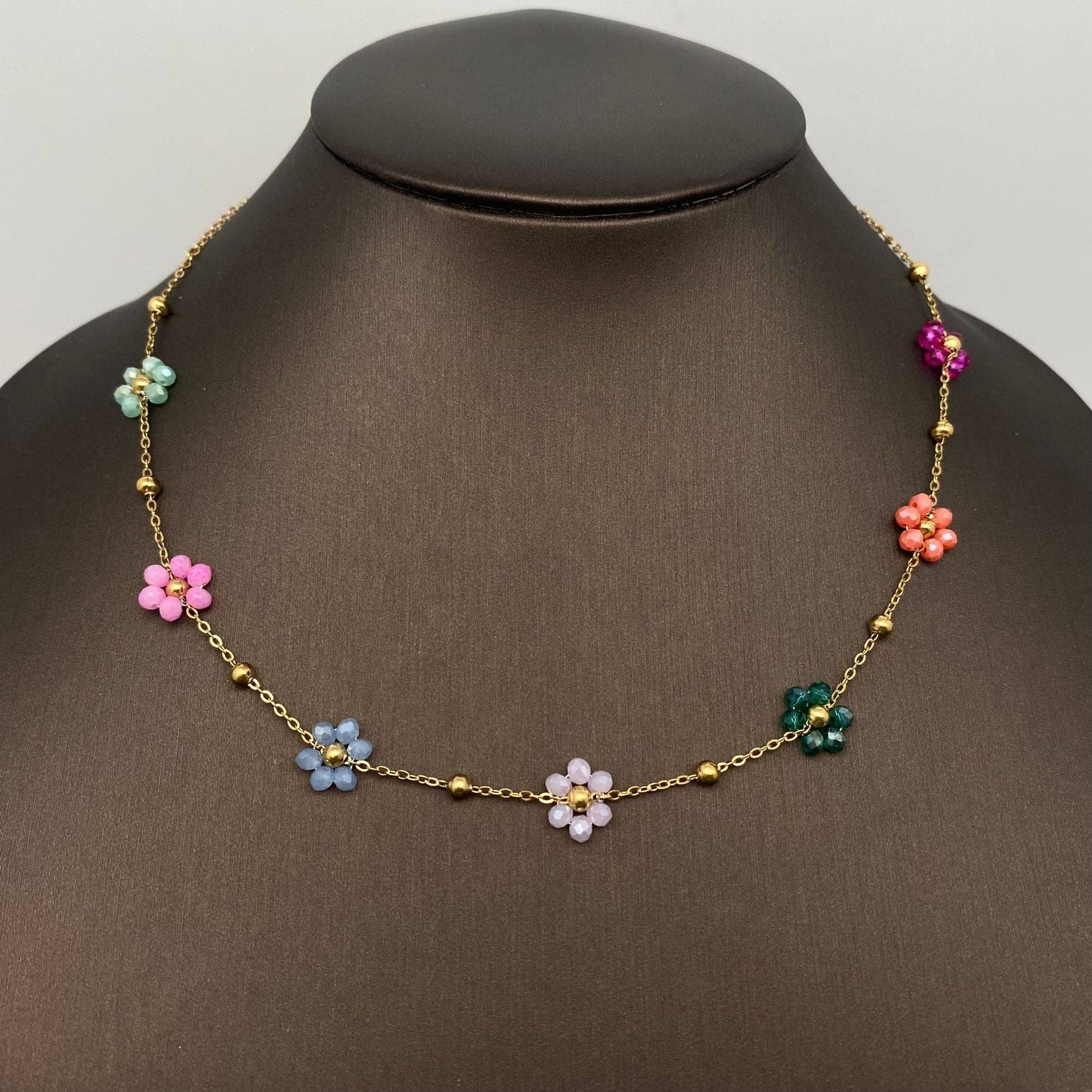 7 Color Glass Beaded Flowers 18K Gold Plated necklace