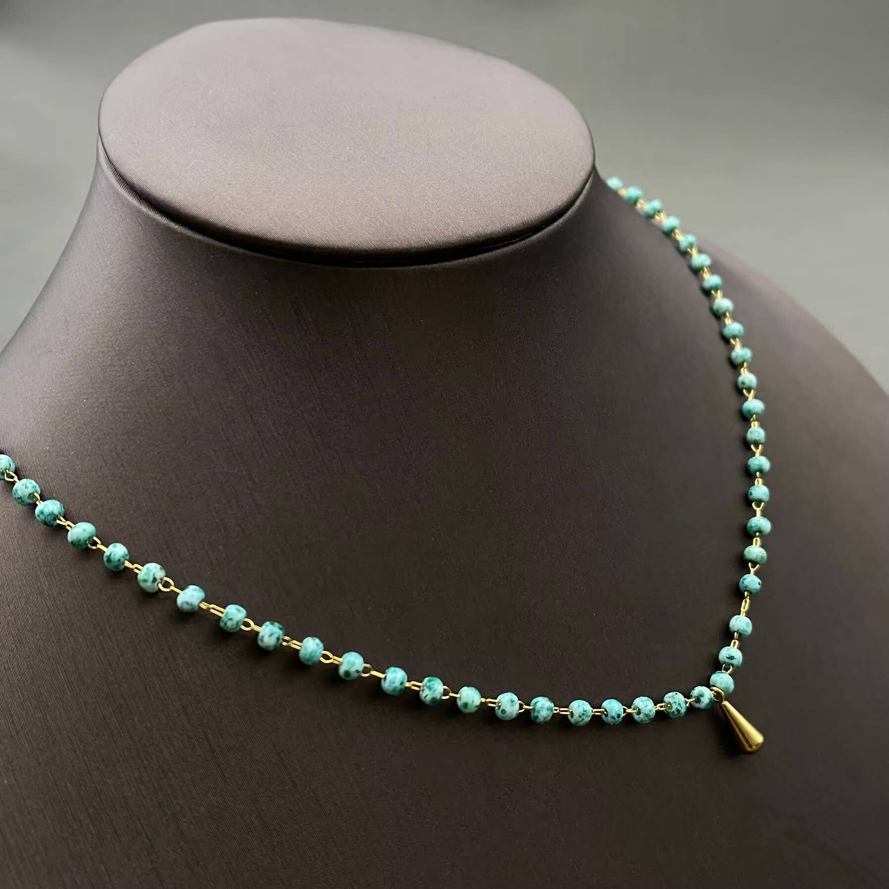 18K Golden Drop Charm Seed Beads Chain Necklace