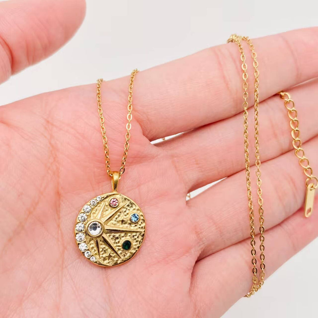 Inlaid CZ 18K Gold-plated Star Moon Charm Necklace