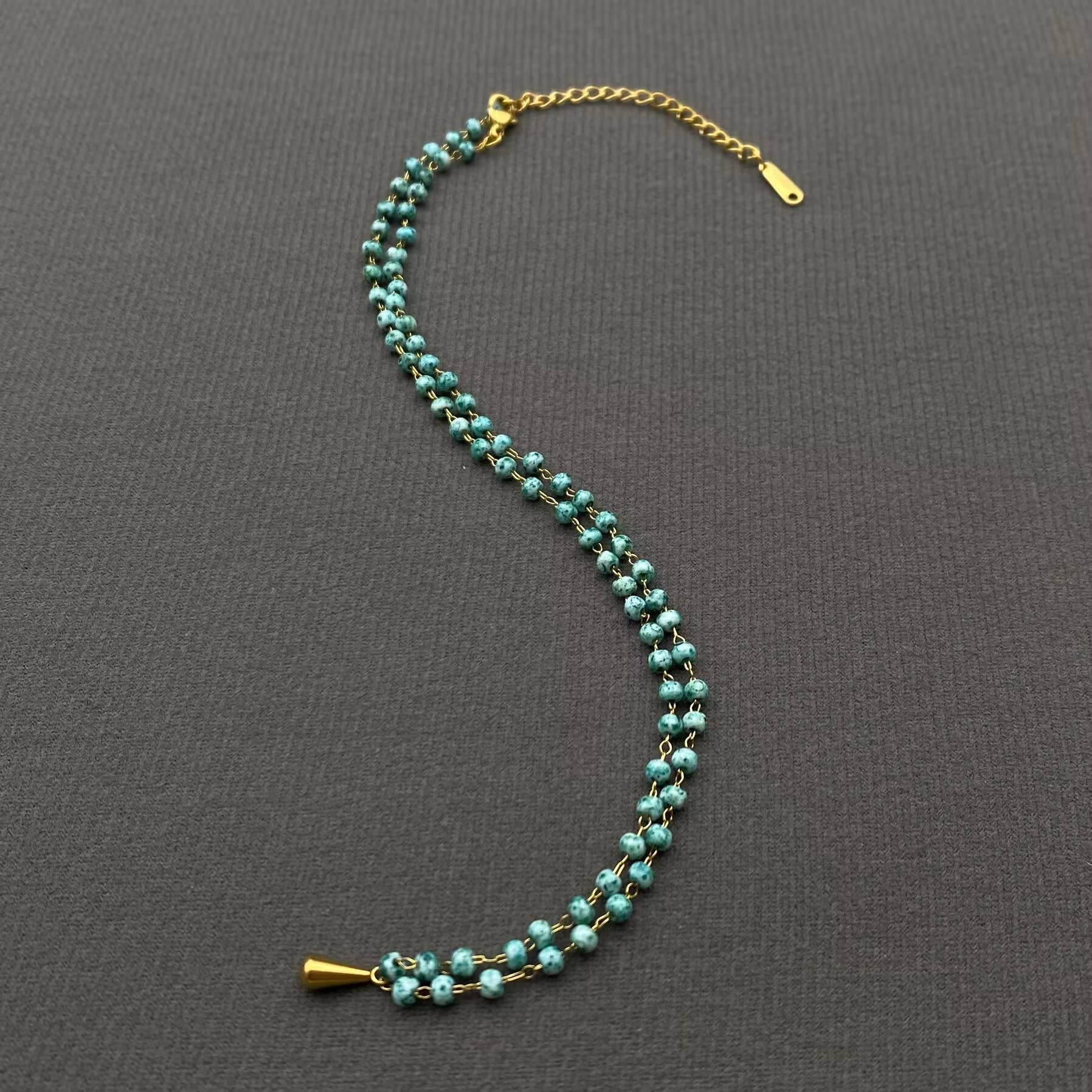 18K Golden Drop Charm Seed Beads Chain Necklace