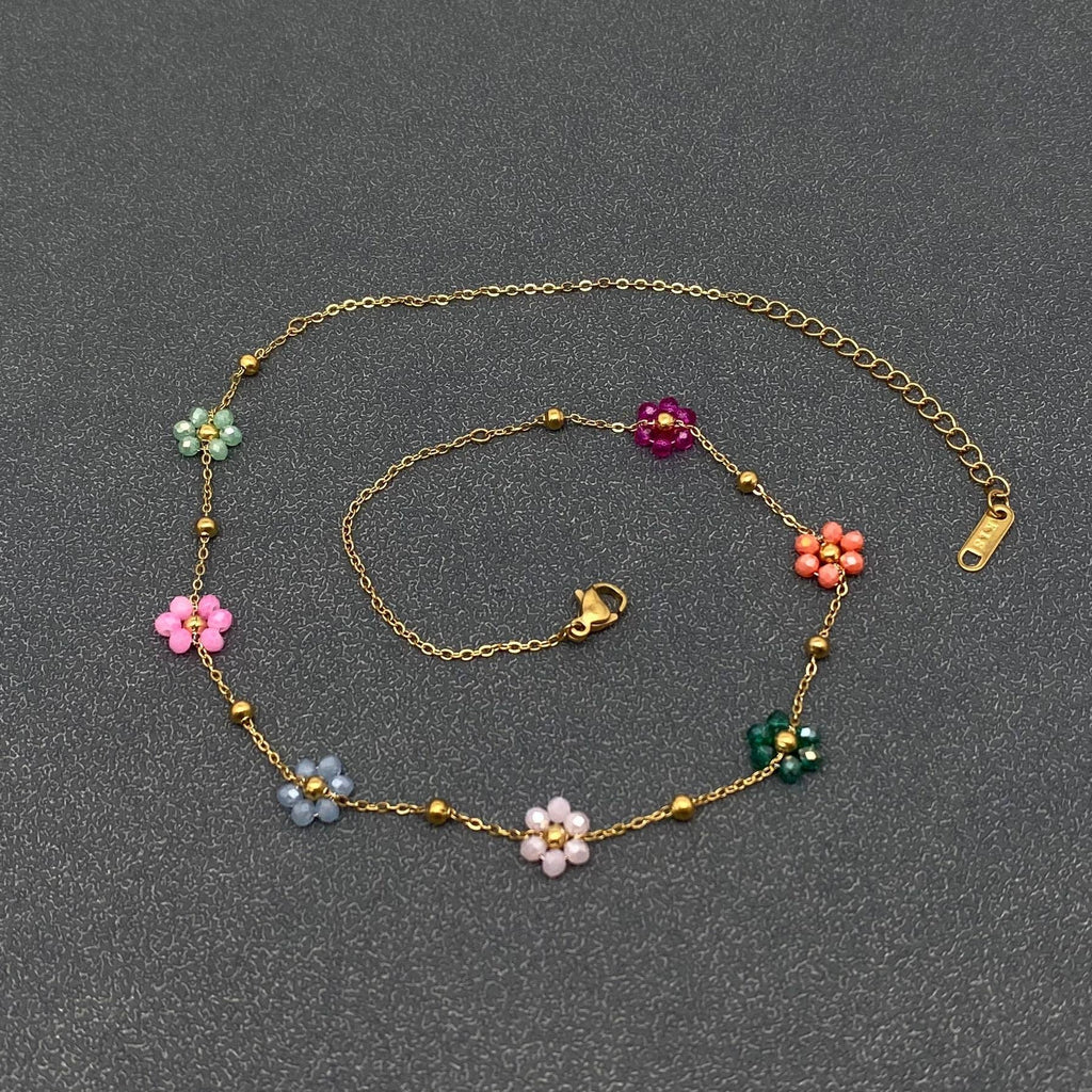 7 Color Glass Beaded Flowers 18K Gold Plated necklace