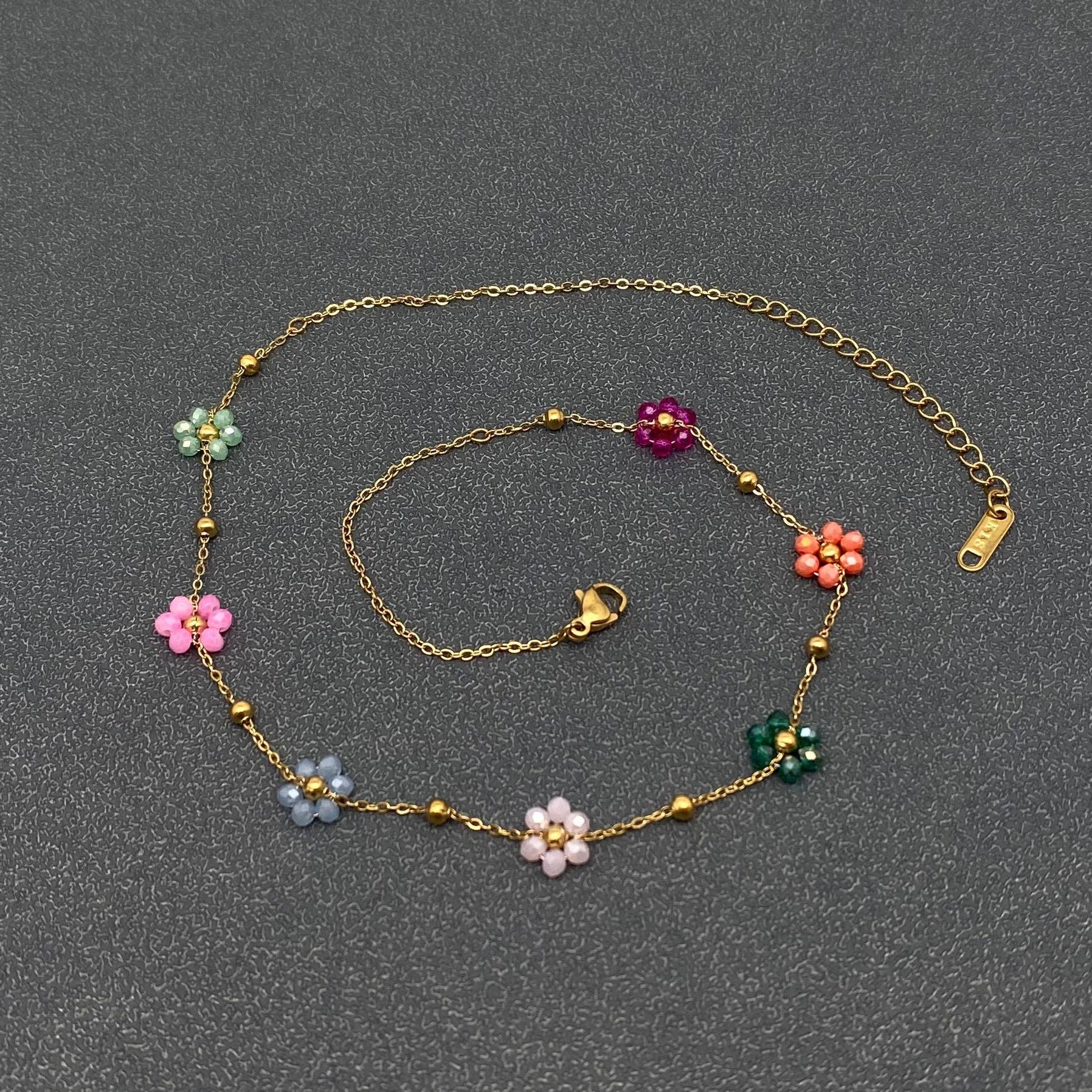 7 Color Glass Beaded Flowers 18K Gold Plated necklace