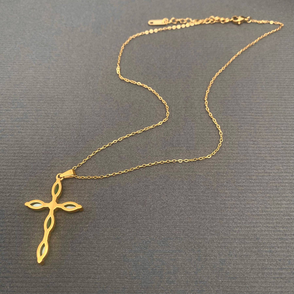 Cat's Eye stone Inlaid Cross 18K Golden SS Necklace