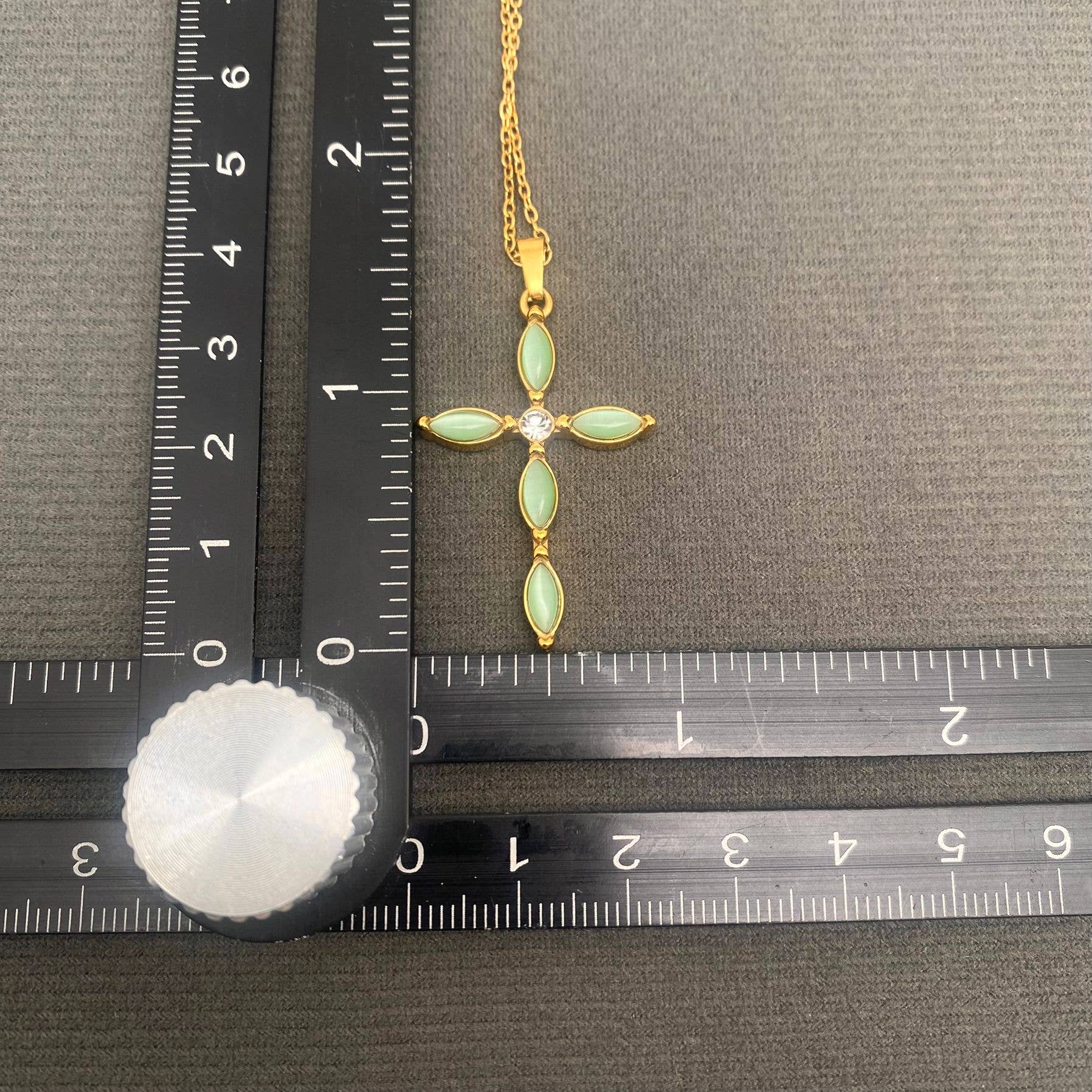 Cat's Eye stone Inlaid Cross 18K Golden SS Necklace